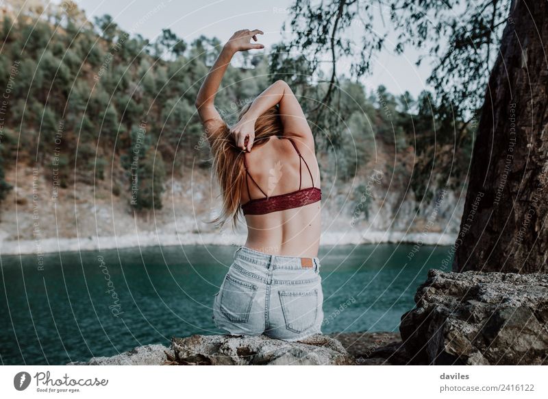 Woman in her back in underwear moving the arms dancing Lifestyle Style Body Skin Vacation & Travel Mountain Adults 1 Human being Dancer Nature Lake River