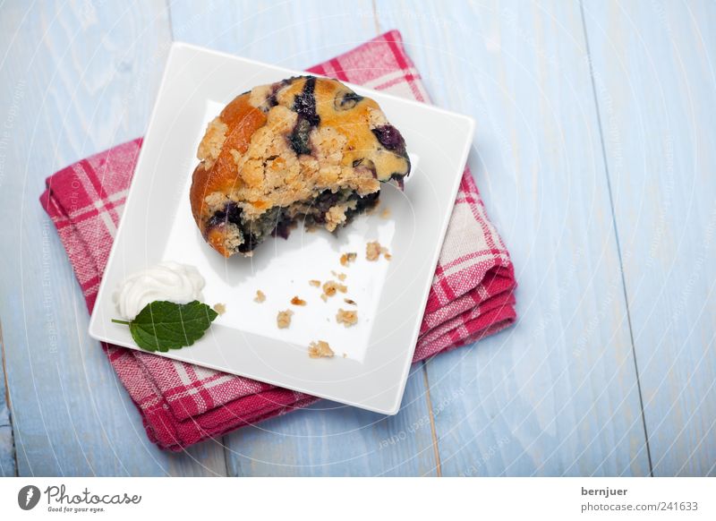 my blueberry nights Food Organic produce Blue White Muffin Crumbs Leaf Cream Plate Baked goods Dish towel Blueberry Cake Colour photo Studio shot Detail