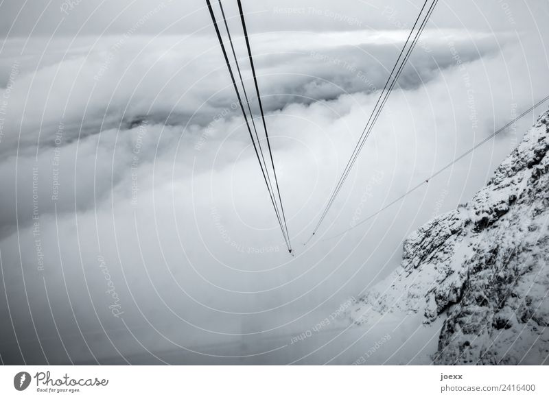 View down from a cable car gondola to the steel cables disappearing in the clouds Weather Steep Rope Cable car Covering of fog height Gray Expectation