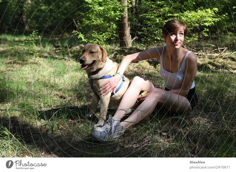Woman with blond Labrador in the clearing Joy Harmonious Trip Adventure Young woman Youth (Young adults) 18 - 30 years Adults Nature Plant Beautiful weather