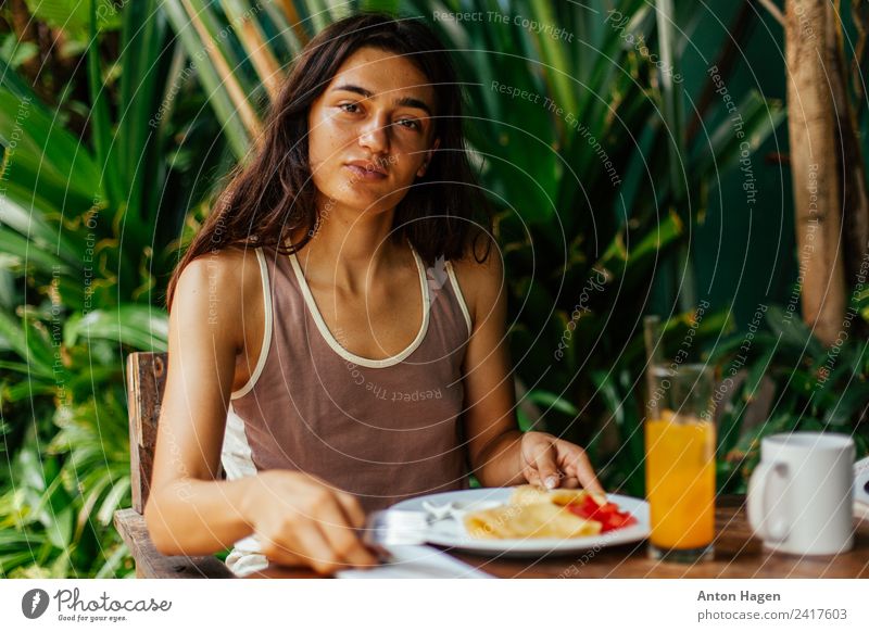 Breakfast in the garden Vegetable To have a coffee Organic produce Vegetarian diet Juice Plate Cup Glass Fork Feminine Young woman Youth (Young adults) 1