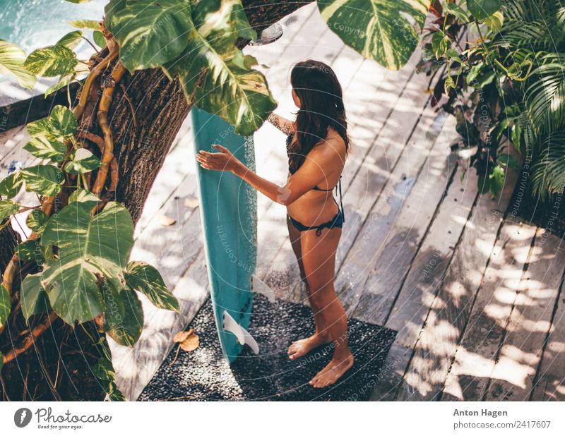 Shower time Young woman Youth (Young adults) Beautiful Shower (Installation) Surfboard Washing Rinse Girl Plant Tree Swimming pool Bali Surf school Surfer