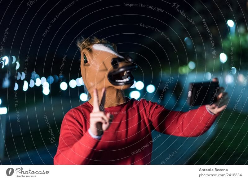 Horse man world Human being Man Adults 1 30 - 45 years Authentic Creepy Crazy Blur Horse's head Success Selfie PDA Funny Hallowe'en Costume Mask Rider horseface
