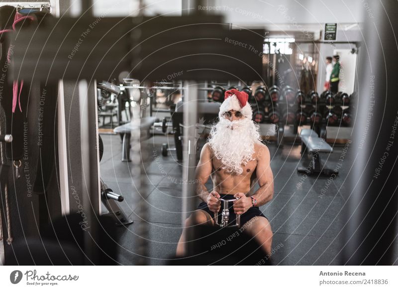 Santa is ready Diet Christmas & Advent Sports Human being Man Adults Railroad Hat Beard Fitness Athletic Thin Strong Red White christmas training Santa Claus