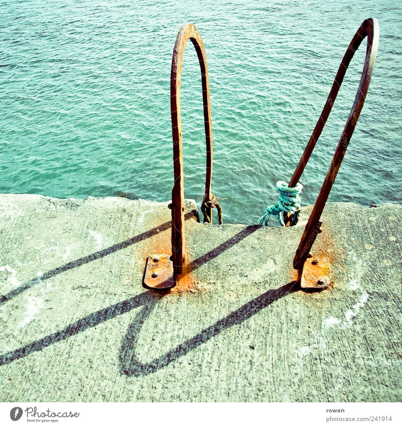 entry Summer Beautiful weather Waves Coast Lakeside Ocean Old Swimming & Bathing Ladder Concrete Water Hot Rust Turquoise Jetty Colour photo Exterior shot