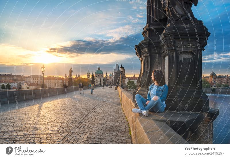 Girl watching the sunrise on Charles Bridge Lifestyle Beautiful Relaxation Vacation & Travel Summer Woman Adults Art Old town Architecture Tourist Attraction