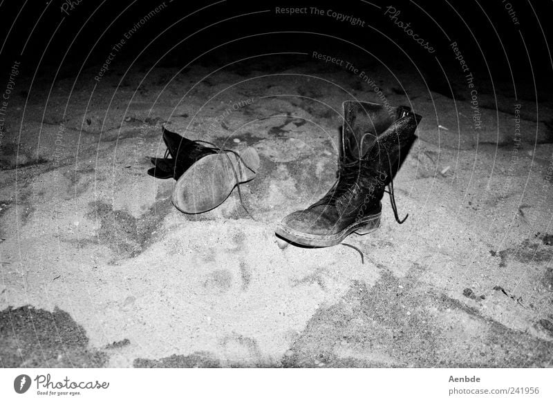 find Beach Authentic Footwear Boots Discovery Assigned Sand Contrast Leather shoes Black & white photo Deserted Night Artificial light Flash photo