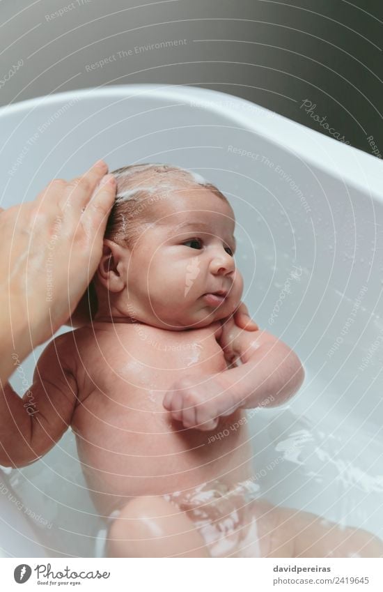 Newborn in the bathtub with her mother washing her hair Lifestyle Beautiful Calm Bathtub Bathroom Child Human being Baby Woman Adults Mother Hand Authentic