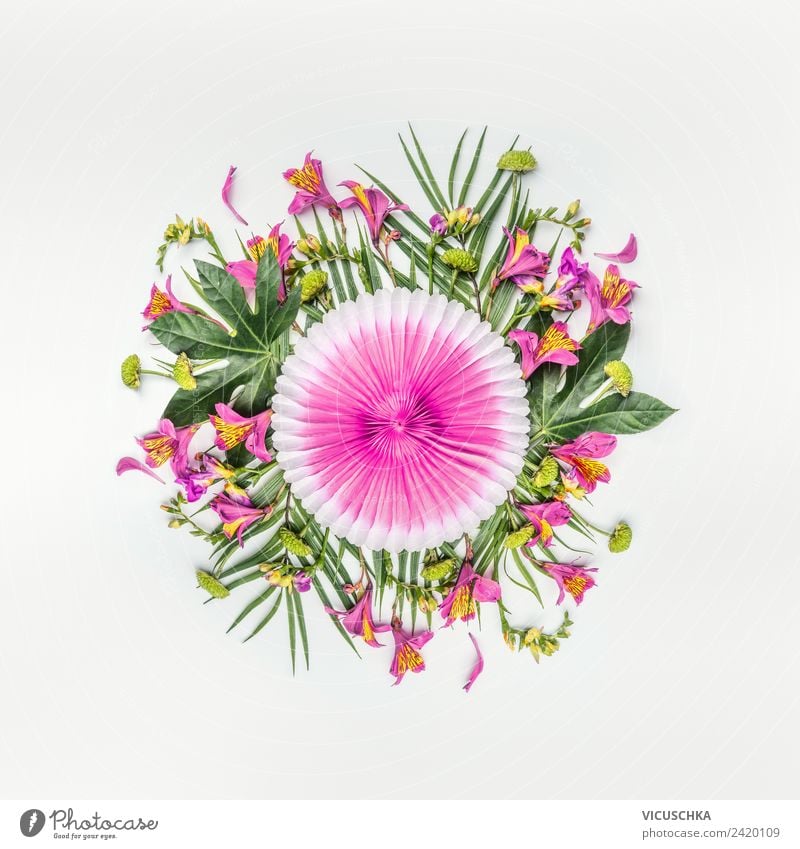 Summer. Tropical flowers and palm leaves composing. Style Design Exotic Vacation & Travel Party Nature Plant Flower Leaf Blossom Fashion Decoration Bouquet