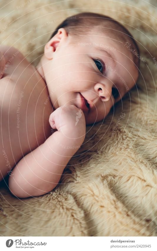 Newborn baby awake on a blanket Happy Beautiful Face Calm Bedroom Child Human being Baby Woman Adults Infancy Warmth Authentic Small Naked Cute Innocent girl