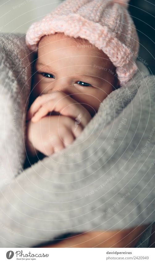 Baby girl wrapped in a blanket Lifestyle Beautiful Relaxation Calm Child Human being Woman Adults Infancy Hand Warmth Love Authentic Small Cute Pink
