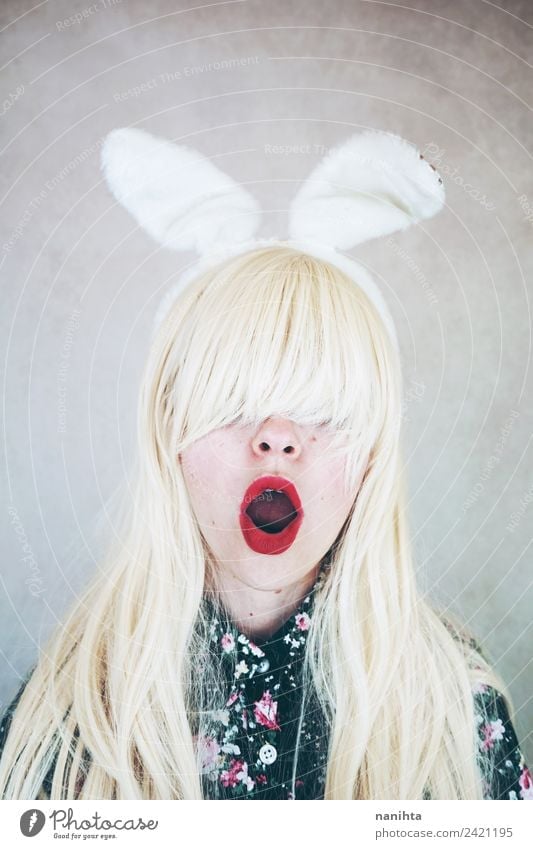 Young surprised woman who is wearing rabbit ears Design Exotic Hair and hairstyles Lipstick Party Carnival Easter Human being Feminine Young woman
