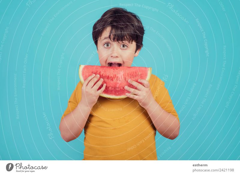 Happy child eats watermelon Food Fruit Nutrition Eating Lunch Organic produce Diet Lifestyle Joy Human being Masculine Child Toddler Boy (child) Infancy 1