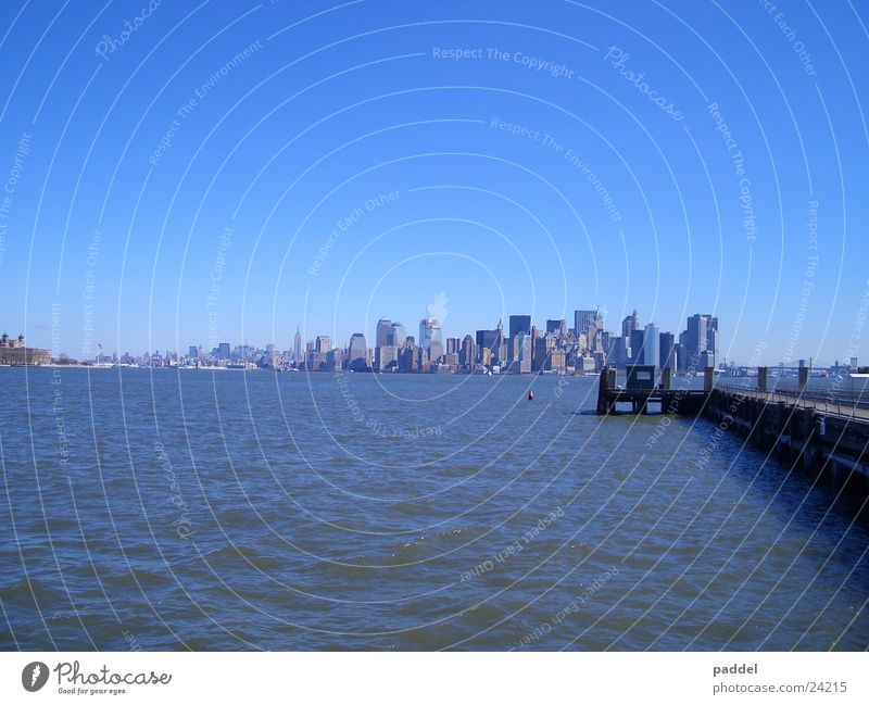 Manhattan Panorama New York City Town Skyline Water Blue sky Clear sky Cloudless sky Sky blue Copy Space top Copy Space bottom Bright background