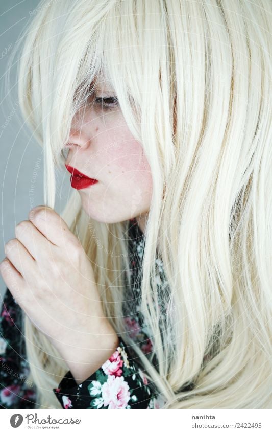 Profile portrait of a blonde and sad woman Style Beautiful Hair and hairstyles Skin Face Lipstick Human being Feminine Young woman Youth (Young adults) 1
