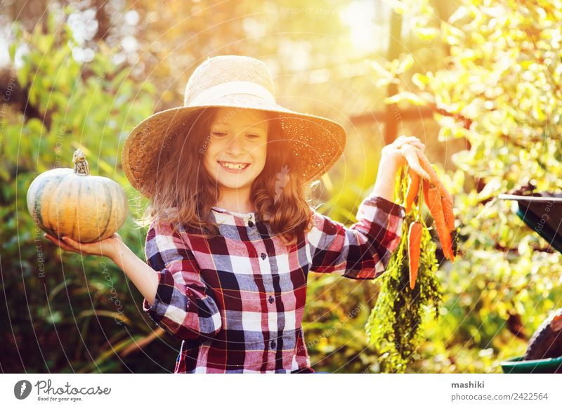 happy funny child girl in farmer hat and shirt Vegetable Lifestyle Joy Child Girl Nature Autumn Growth Fresh Funny Natural Green Harvest Carrot Pumpkin