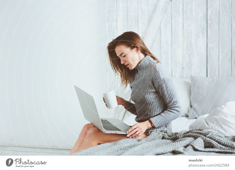 young blogger or business woman working at home Coffee Lifestyle Shopping Joy Happy Relaxation Table Work and employment Profession Office work Business
