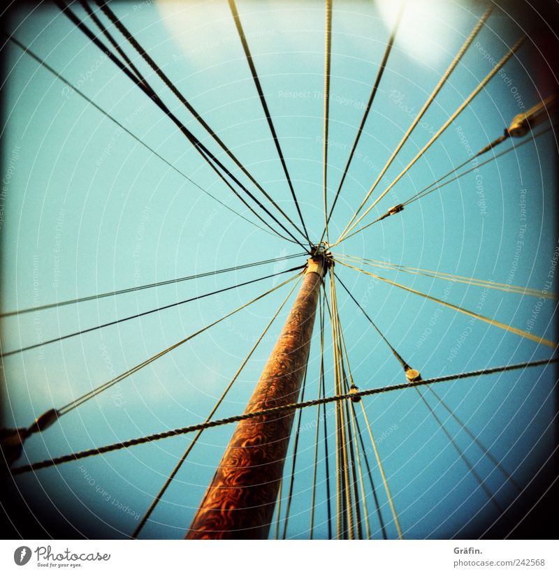 entangled Rope Sky Sailboat Watercraft Wood Tug-of-war Blue Brown Chaos Network Teamwork Tradition Attachment Maritime Muddled Vignetting Mast Colour photo