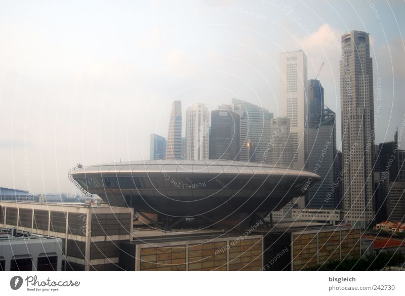 Ufo in Singapore Asia Capital city Port City Downtown Skyline High-rise Roof Gigantic Large Blue Brown Gray UFO Colour photo Subdued colour Exterior shot