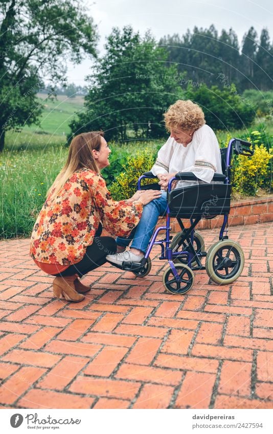 Young woman talking to elderly woman in a wheelchair Lifestyle Health care Relaxation Garden To talk Human being Woman Adults Mother Grandmother