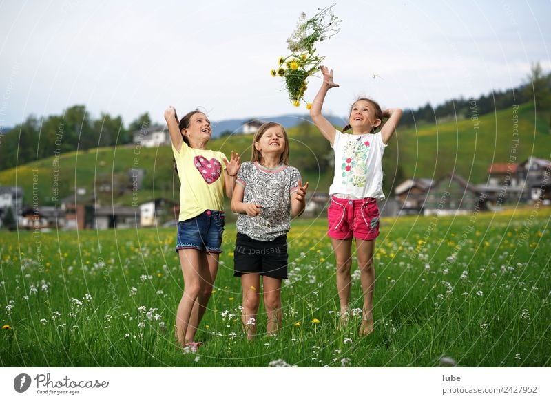 Spring is coming Freedom Girl Infancy 3 Human being 3 - 8 years Child Environment Nature Landscape Meadow Laughter Throw Joy Happy Happiness Bouquet