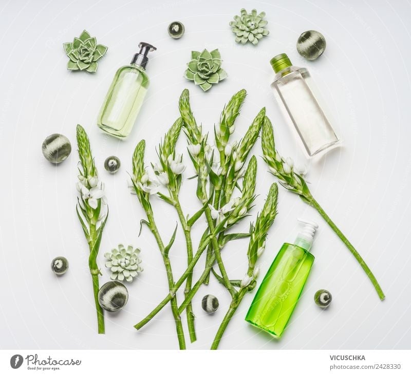 Green Nature Cosmetics Bottles Composing Shopping Elegant Style Design Beautiful Personal hygiene Perfume Cream Healthy Medical treatment Wellness Spa Plant