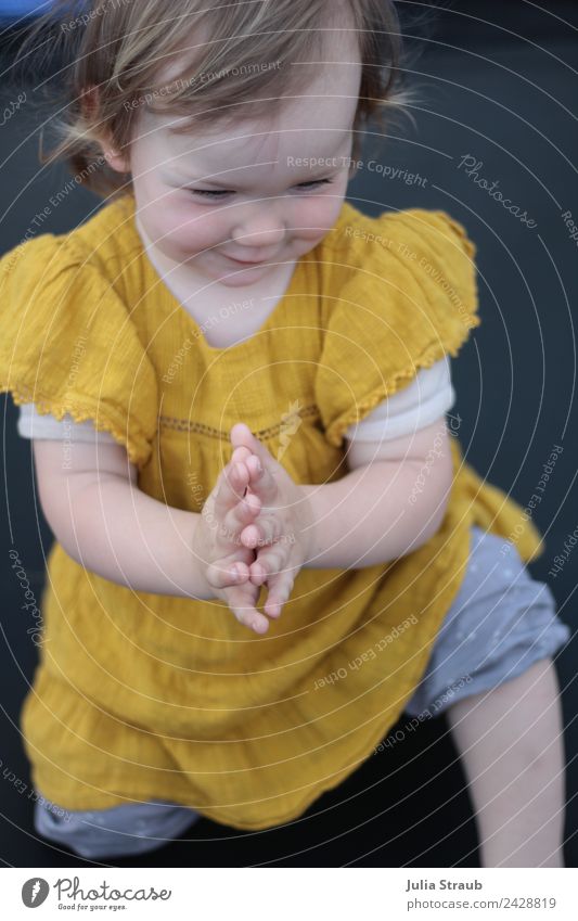 girl trampoline dress toddler clapping Feminine Toddler Girl Infancy 1 Human being 1 - 3 years Pants Dress Brunette Short-haired Kneel Smiling Happiness