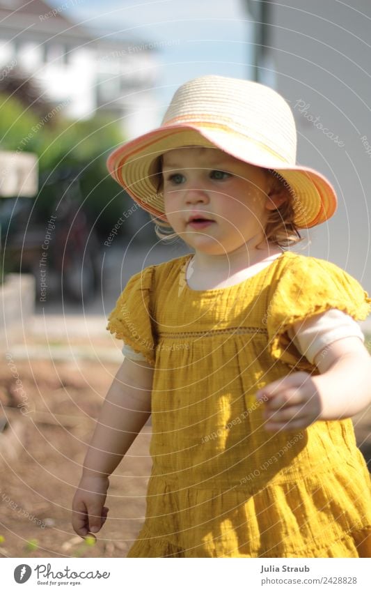 girl toddler mustard yellow dress sun hat summer Feminine Toddler 1 Human being 1 - 3 years Summer Beautiful weather Garden Dress Hat Blonde Curl Movement