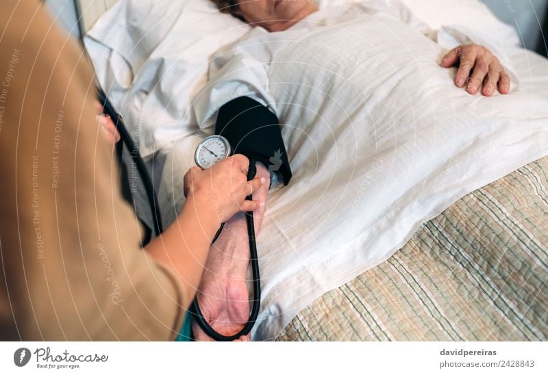 Caregiver checking blood pressure to a senior woman Illness Medication House (Residential Structure) Examinations and Tests Doctor Hospital Human being Woman