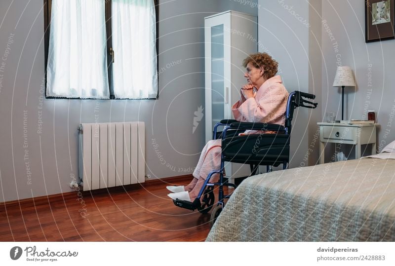 Senior woman in a wheelchair alone Lifestyle Health care Illness Medication Relaxation Hospital Human being Woman Adults Old Sit Sadness Authentic Hope