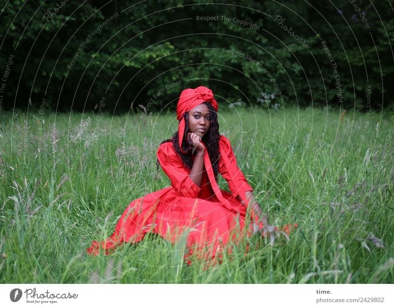 Romancia Feminine Woman Adults 1 Human being Park Meadow Forest Dress Headscarf Brunette Long-haired Curl Observe Think To hold on Looking Sit Beautiful Red