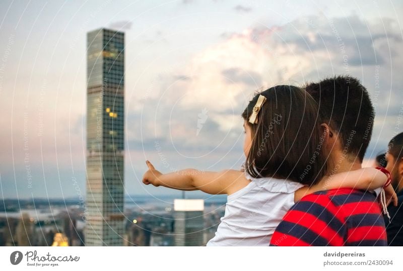 Unrecognizable man with little girl in front of Manhattan skyline, New york City Vacation & Travel Tourism Sightseeing Woman Adults Fingers Earth Sky Downtown