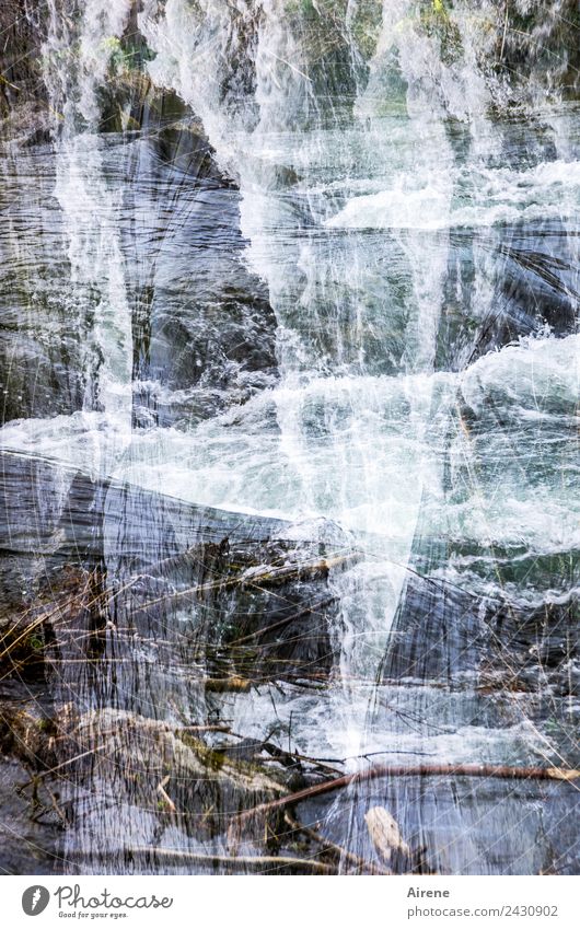 Fall.brook Landscape Water Brook Waterfall Mountain stream Ornament Checkered Vertical Crossed Double exposure Jump Gigantic Wild Blue White Hissing Plummeting