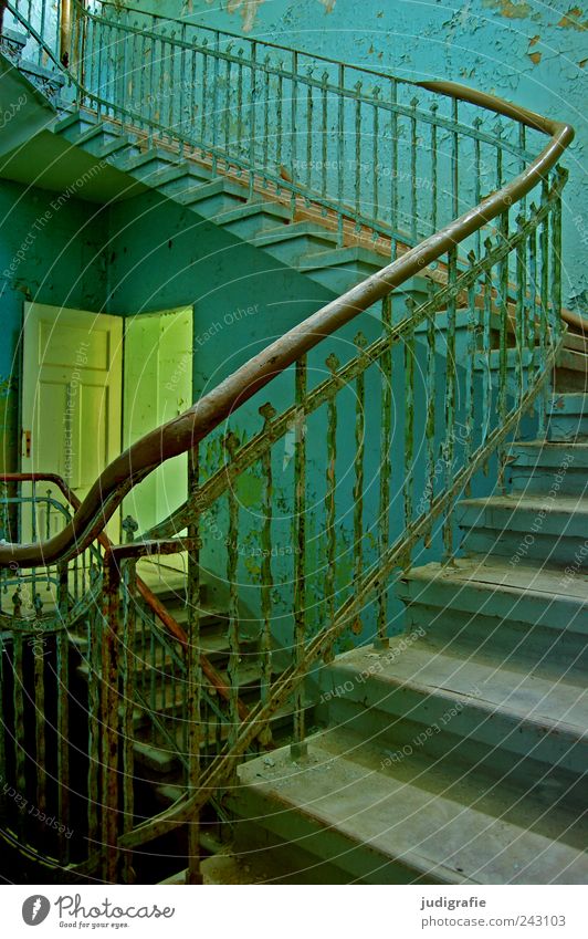 sanatorium House (Residential Structure) Wall (barrier) Wall (building) Stairs Door Creepy Blue Moody Transience Change Sanitarium Handrail Colour photo