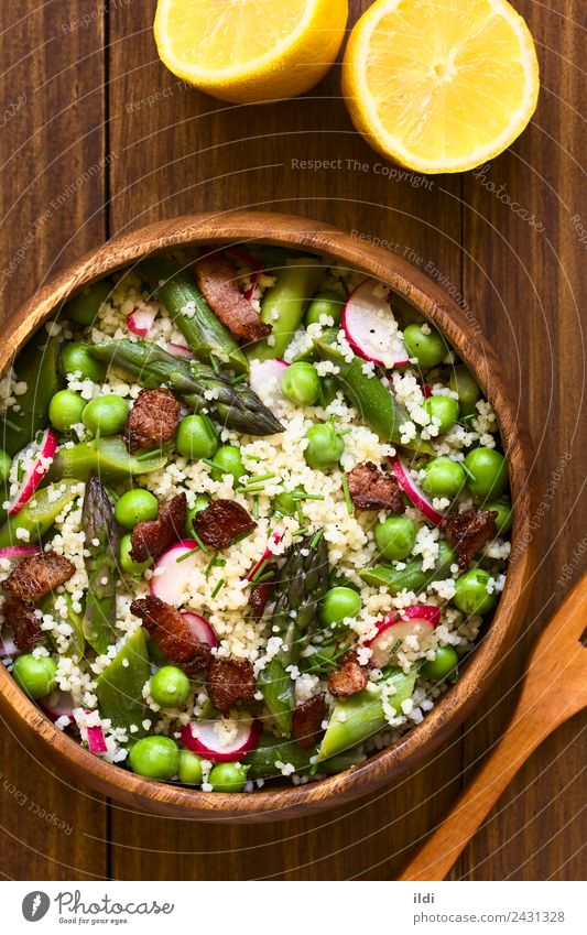 Couscous Asparagus Pea Radish Bacon Salad Vegetable Lunch Dinner Fresh food couscous radish Peas Slice Meal Dish Raw Home-made Pork Snack healthy Chives Rustic
