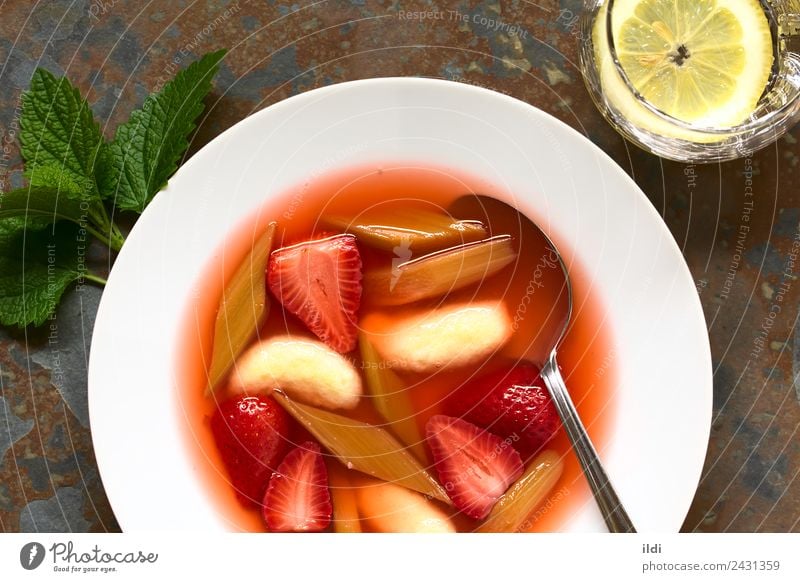 Strawberry and Rhubarb Soup with Semolina Dumplings Fruit Stew Dessert Fresh food Berries cold stewed Compote sweet appetizer Snack healthy Meal Dish overhead