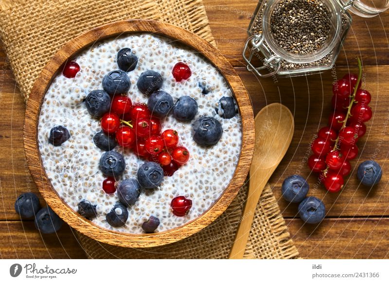 Berry and Chia Pudding Fruit Breakfast Fresh food chia seed Berries Blueberry Redcurrant Raw milk sweet salvia hispanica superfood health healthy Snack brunch