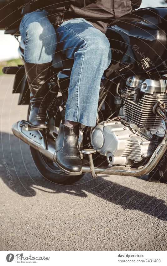 Couple sitting over motorcycle ready to go Vacation & Travel Trip Adventure Woman Adults Man Transport Street Vehicle Motorcycle Jeans Boots Metal Steel