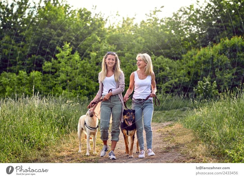 Happy laughing young women walking their dogs along a grassy rural track Lifestyle pretty Summer Woman Adults Friendship 2 Human being 18 - 30 years