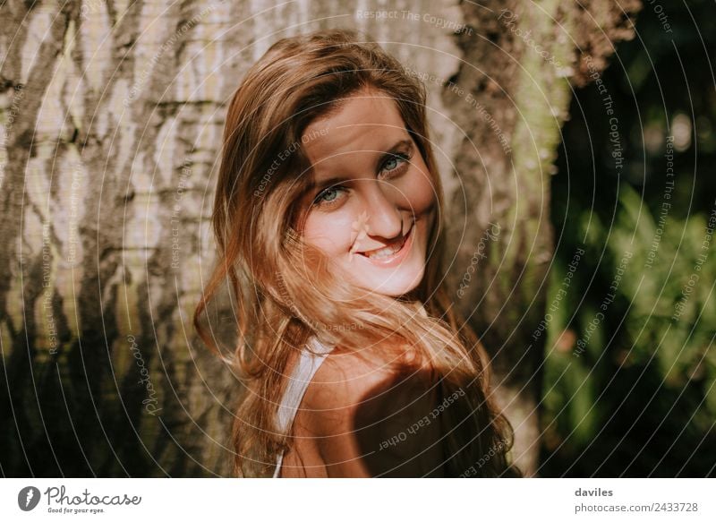 Close up portrait of happy blonde girl Happy Beautiful Face Trip Adventure Human being Young woman Youth (Young adults) Woman Adults 1 18 - 30 years Tree Forest