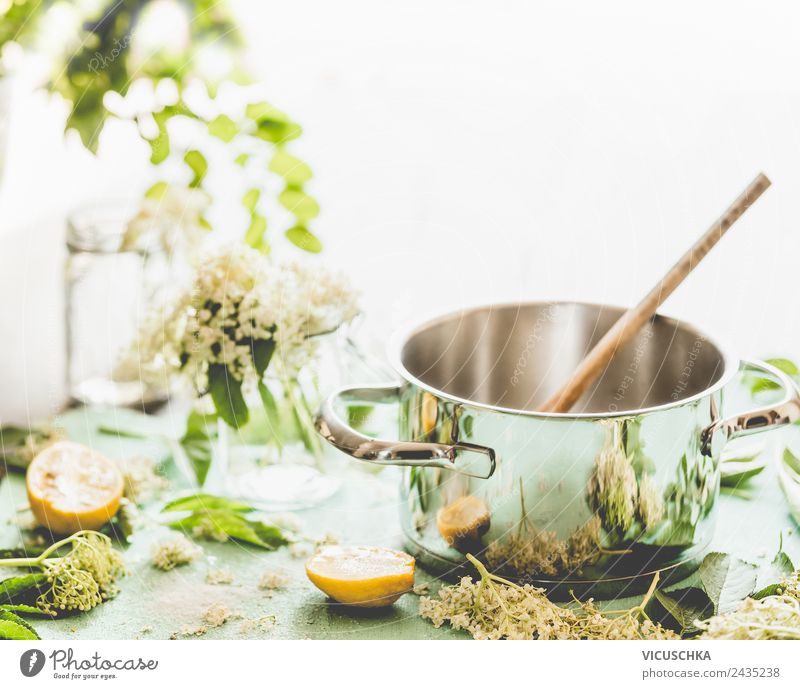 Pot with spoon, elderflowers and lemon Food Jam Nutrition Organic produce Vegetarian diet Crockery Spoon Lifestyle Style Healthy Healthy Eating Summer
