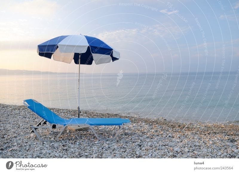 berth Calm Tourism Summer Summer vacation Beach Water Sky Coast Ocean Stone Blue Loneliness Sunshade Umbrellas & Shades Couch Chair Mediterranean sea
