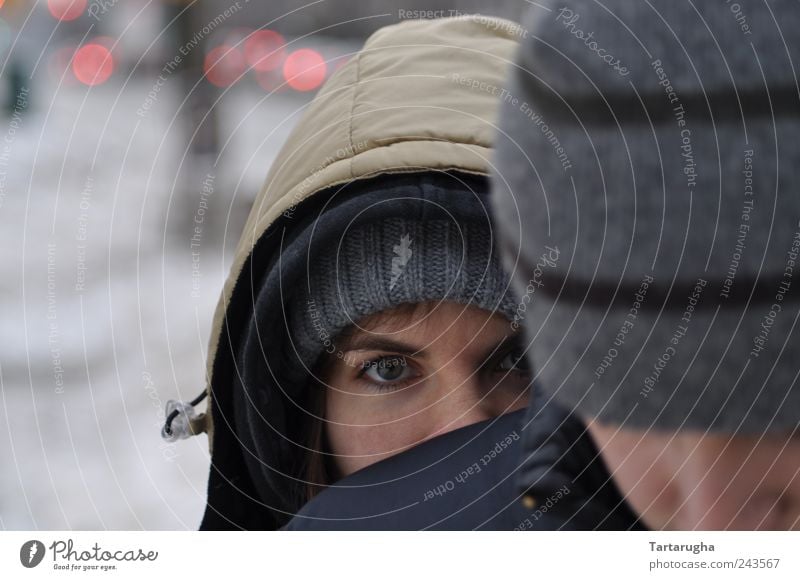 I see something. Human being Eyes 1 2 Jacket Cap Hooded (clothing) Long-haired Observe Freeze Looking Beautiful Cuddly Curiosity Gray Safety Protection