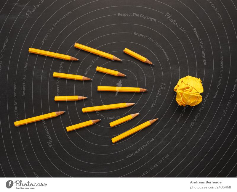 Teamwork pens paper ball Blackboard Office work Workplace Business Musical notes Stationery Paper Piece of paper Pen Yellow Success Idea Innovative Inspiration