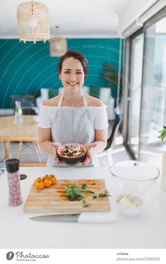 brunette caucasian woman preparing healthy food in kitchen Vegetable Eating Bowl Happy Beautiful Kitchen Human being Woman Adults Brunette Wood Smiling Bright