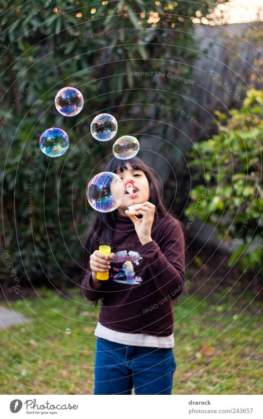 Little helper Child Girl Infancy Youth (Young adults) 1 Human being 3 - 8 years Garden Flying drarock Air bubble Blow Colour photo Exterior shot Twilight