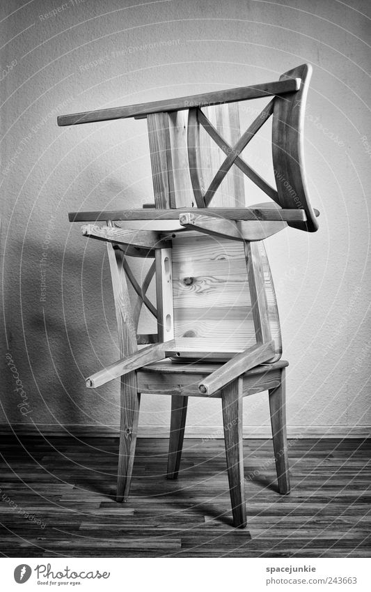 tower Kitchen Closing time Sharp-edged Black White Chair pile Black & white photo Wall (building) Laminate Arrangement Interior shot Copy Space top