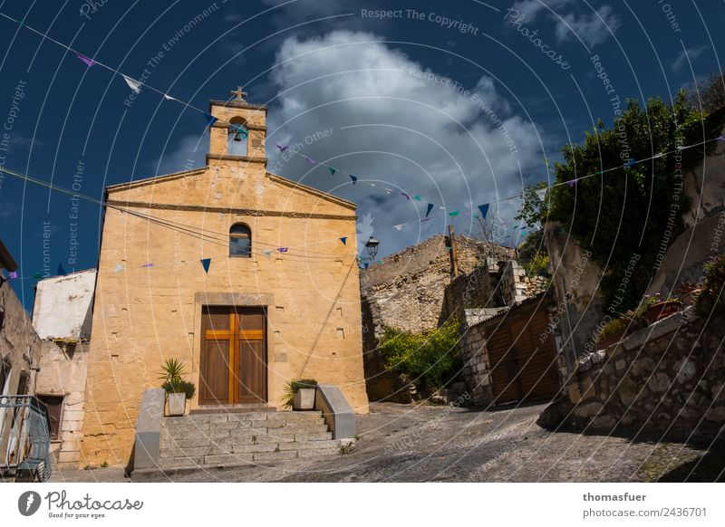 church, sky, picturesque village, flags Vacation & Travel Tourism Trip Feasts & Celebrations Sky Summer Beautiful weather Tree sedini Sardinia Italy Small Town