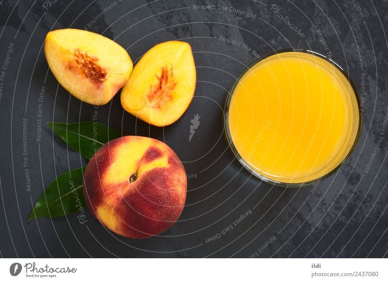 Peach Juice or Nectar Fruit Beverage Fresh food drink drupe Refreshment sweet glass Slate overhead Top Horizontal refreshing ripe top view natural light