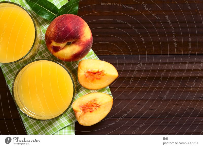 Peach Juice or Nectar Fruit Beverage Fresh food drink drupe Refreshment sweet glass healthy overhead Top copy space Horizontal ripe refreshing top view